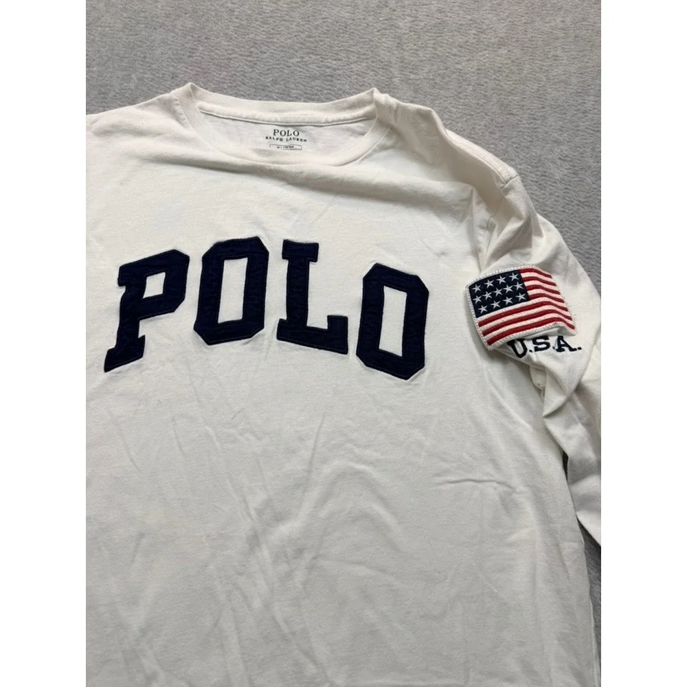 Polo Ralph Lauren Mens White Long Sleeve Arched Logo American Flag T-Shirt M